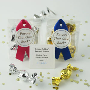 Mini favors with navy and scarlet ribbons showing silver and gold mini truffles corporate party favors