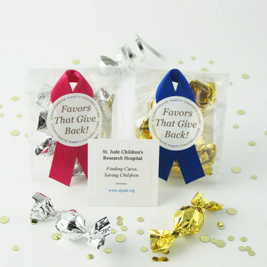 mini favors with navy/scarlet ribbons with silver/gold mini truffles - Corporate Party Favors